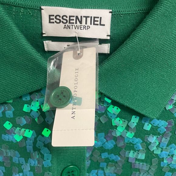 NWT Essentiel Antwerp Sequin Glitz Polo Top Short Sleeve Hulk Green Womens XS - Picture 6 of 11